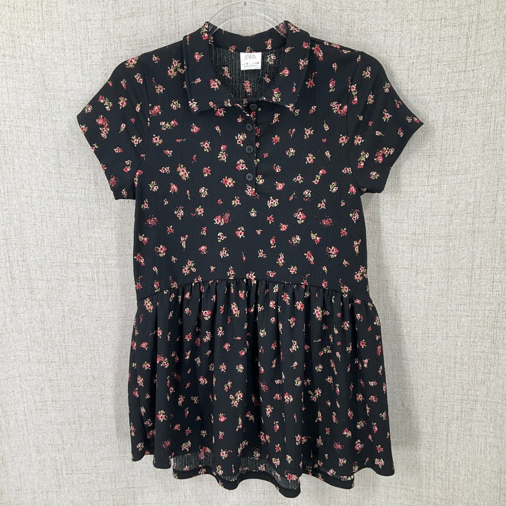 Zara Top Girls Size 10 Black Floral Peplum Ruffle Cottagecore Boho Classic NEW